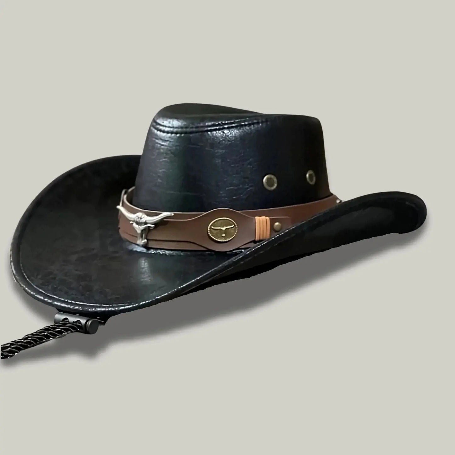 Chapeau de Cowboy Noir Cuir – Lanière Western Médaillon Maison Shelby