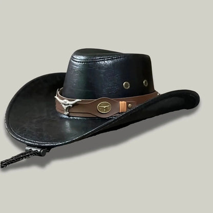 Chapeau de Cowboy Noir Cuir – Lanière Western Médaillon Maison Shelby