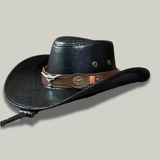 Chapeau de Cowboy Noir Cuir – Lanière Western Médaillon