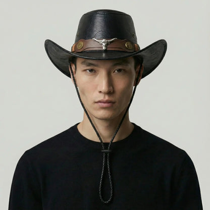 Chapeau de Cowboy Noir Cuir – Lanière Western Médaillon Maison Shelby