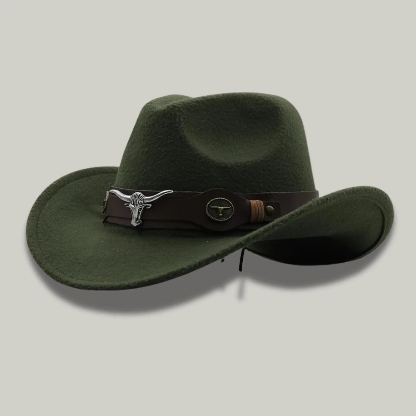 Chapeau de Cowboy Vert Kaki – Médaillon Taureau