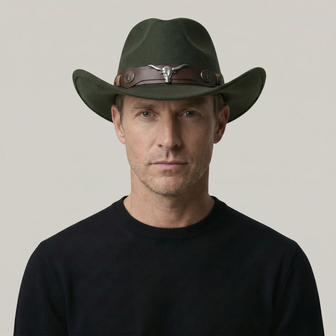 Chapeau de Cowboy Vert Kaki – Médaillon Taureau
