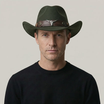 Chapeau de Cowboy Vert Kaki – Médaillon Taureau
