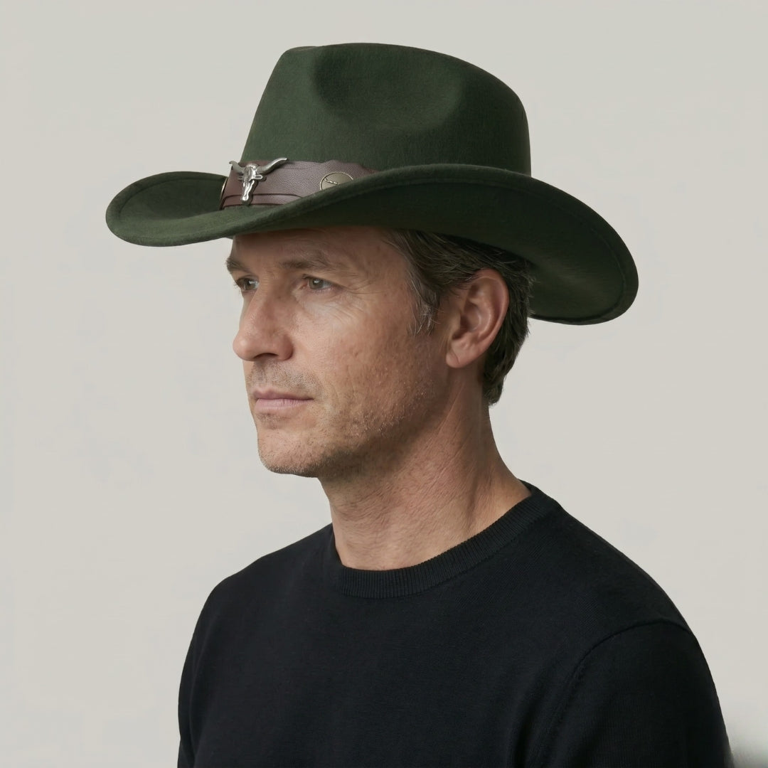 Chapeau de Cowboy Vert Kaki – Médaillon Taureau