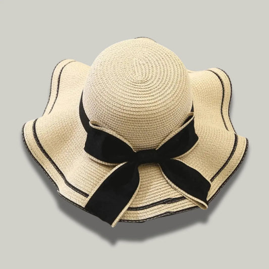 Chapeau de Paille Femme Beige – Nœud Noir Élégant
