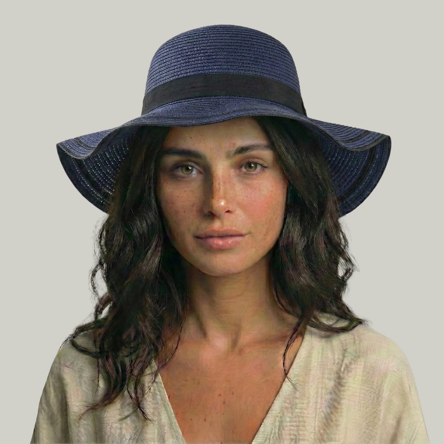 Chapeau de Paille Femme Bleu Marine – Nœud Noir Élégant