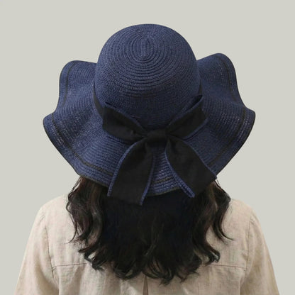 Chapeau de Paille Femme Bleu Marine – Nœud Noir Élégant