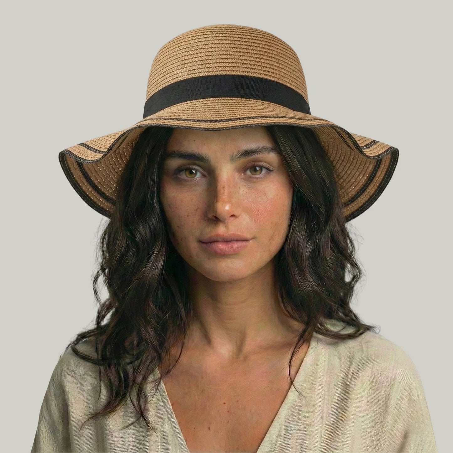 Chapeau de Paille Femme Camel – Nœud Noir Élégant