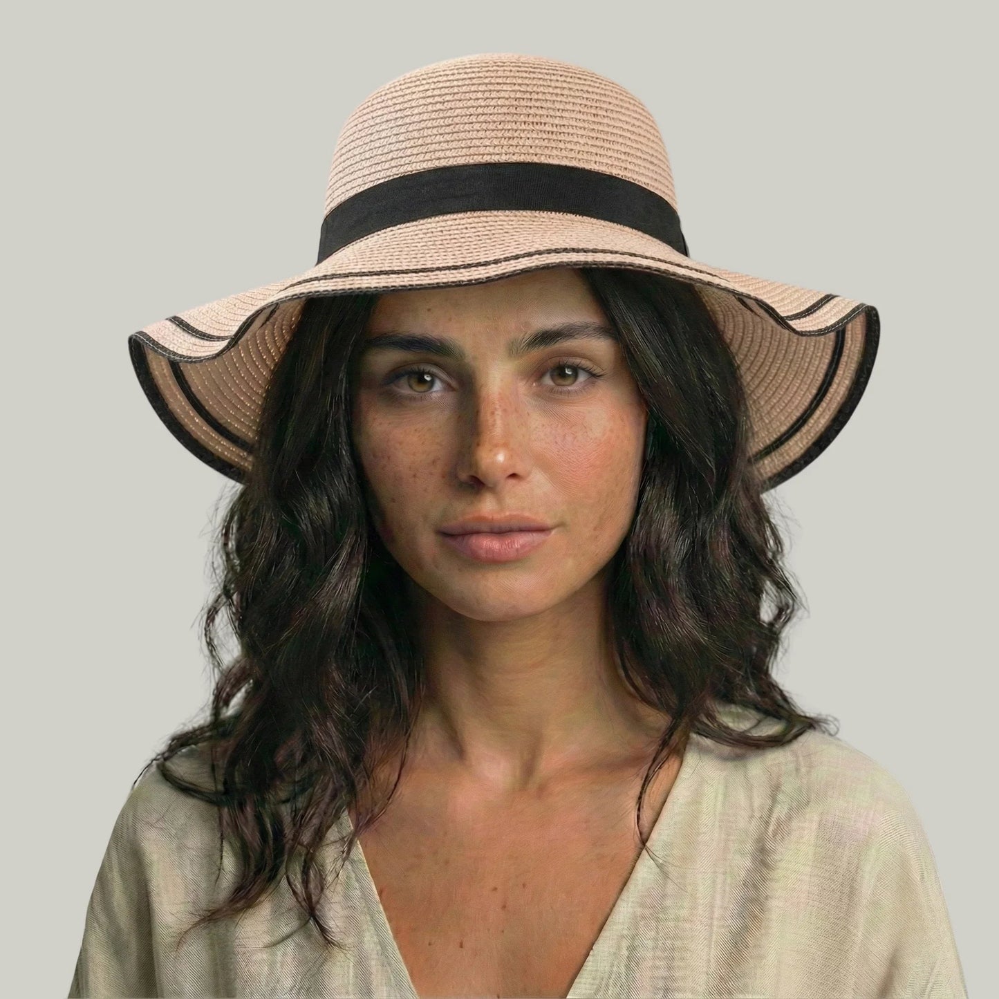 Chapeau de Paille Femme Rose Poudré – Nœud Noir Élégant