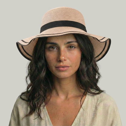 Chapeau de Paille Femme Rose Poudré – Nœud Noir Élégant
